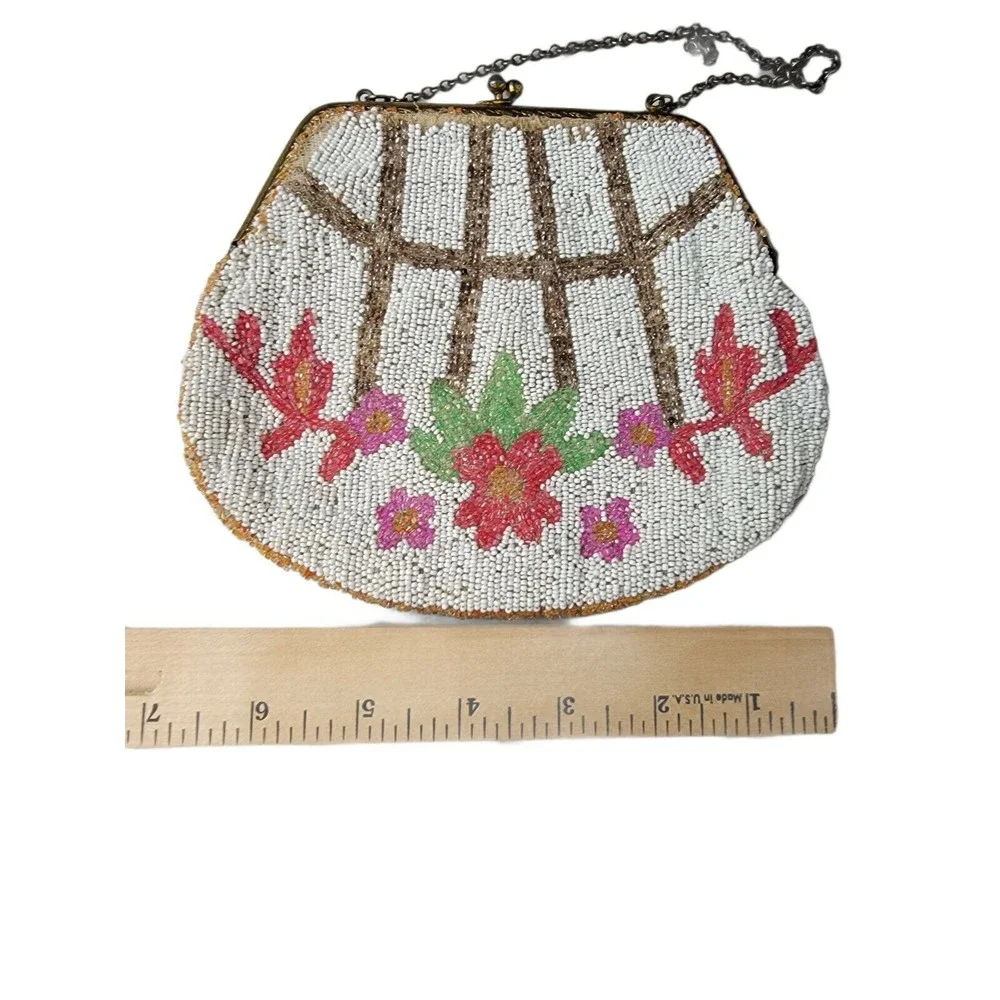 Vintage/Antique Micro Beaded Handbag With Chain Floral Rose Design‎